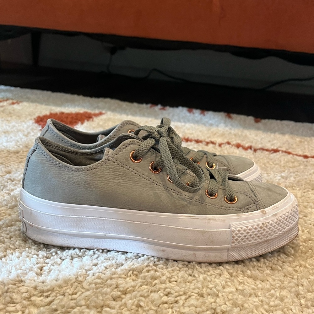 Converse Low Platform Sneakers in Olive Green with White Sole